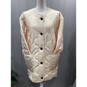 ON BLUE Quilted Jacket Cream Round Neck Button Front Pockets Long Sleeve